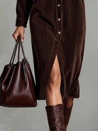 Jessy - Loose Corduroy Double Chest Pocket Breasted Midi Dress